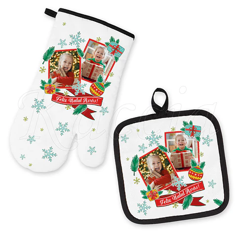 Conjunto Luva e Pega de Cozinha Natal com Fotos e Frase