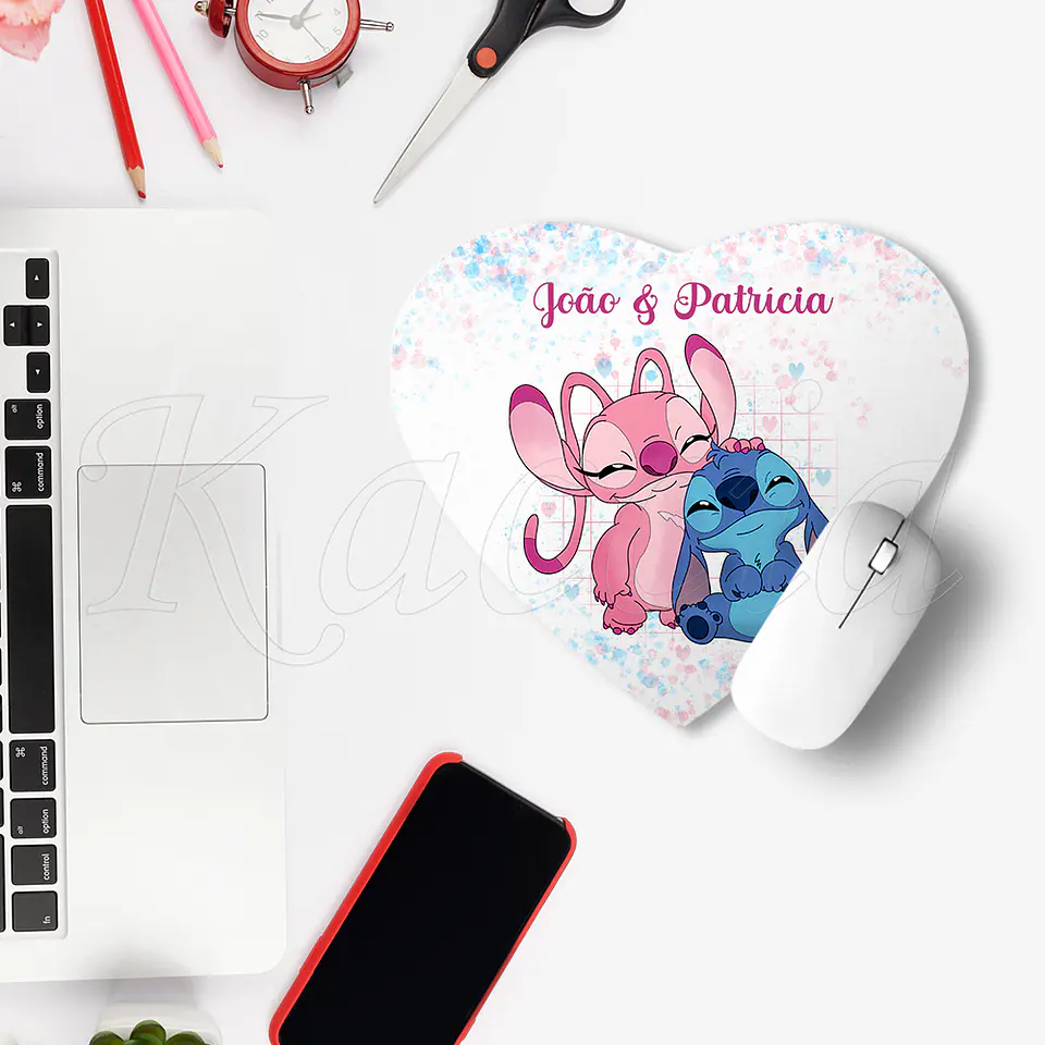 Tapete de Rato Coração Personalizado Stitch & Ángel Nomes 2