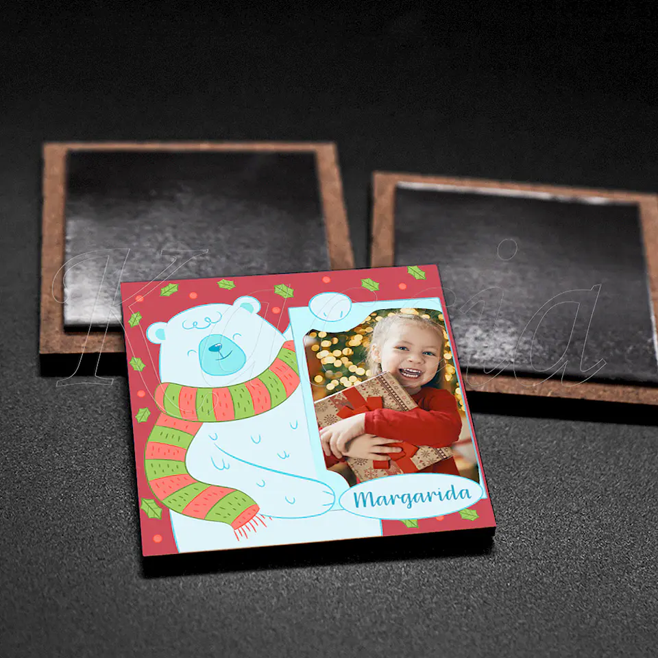 Íman Personalizado Quadrado Natal Urso com Foto e Nome 3