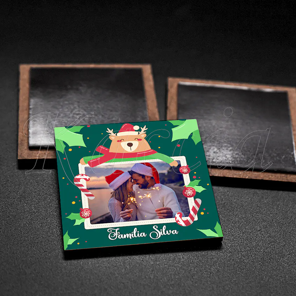 Íman Personalizado Quadrado Natal Rena com Foto e Frase 3