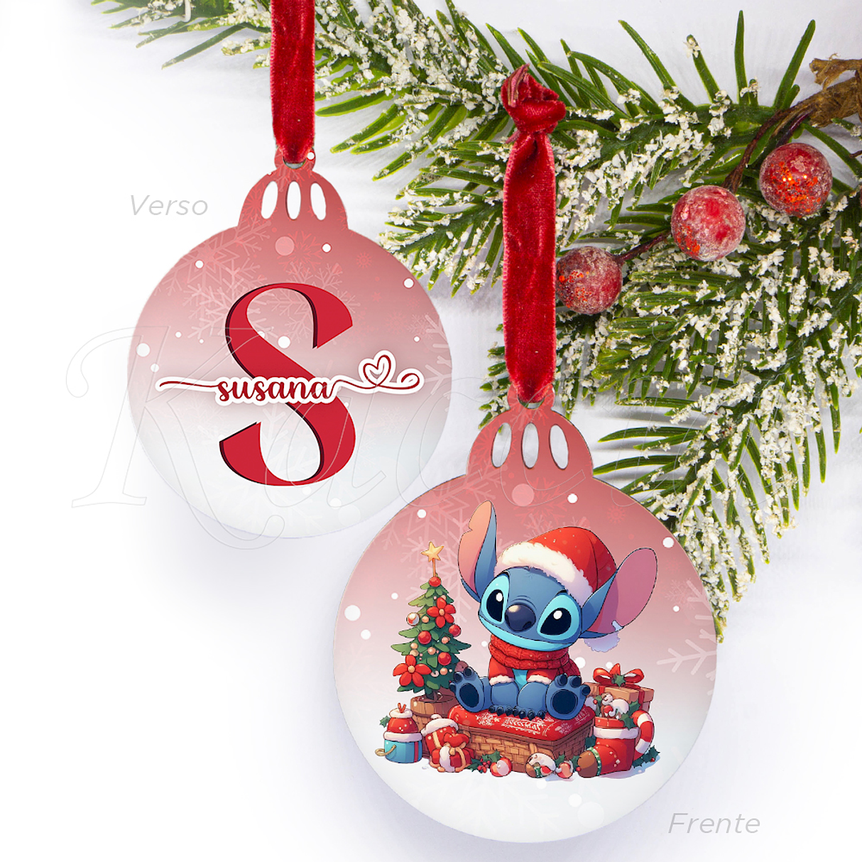 Bola de Natal Personalizável Stitch com Nome Red 1