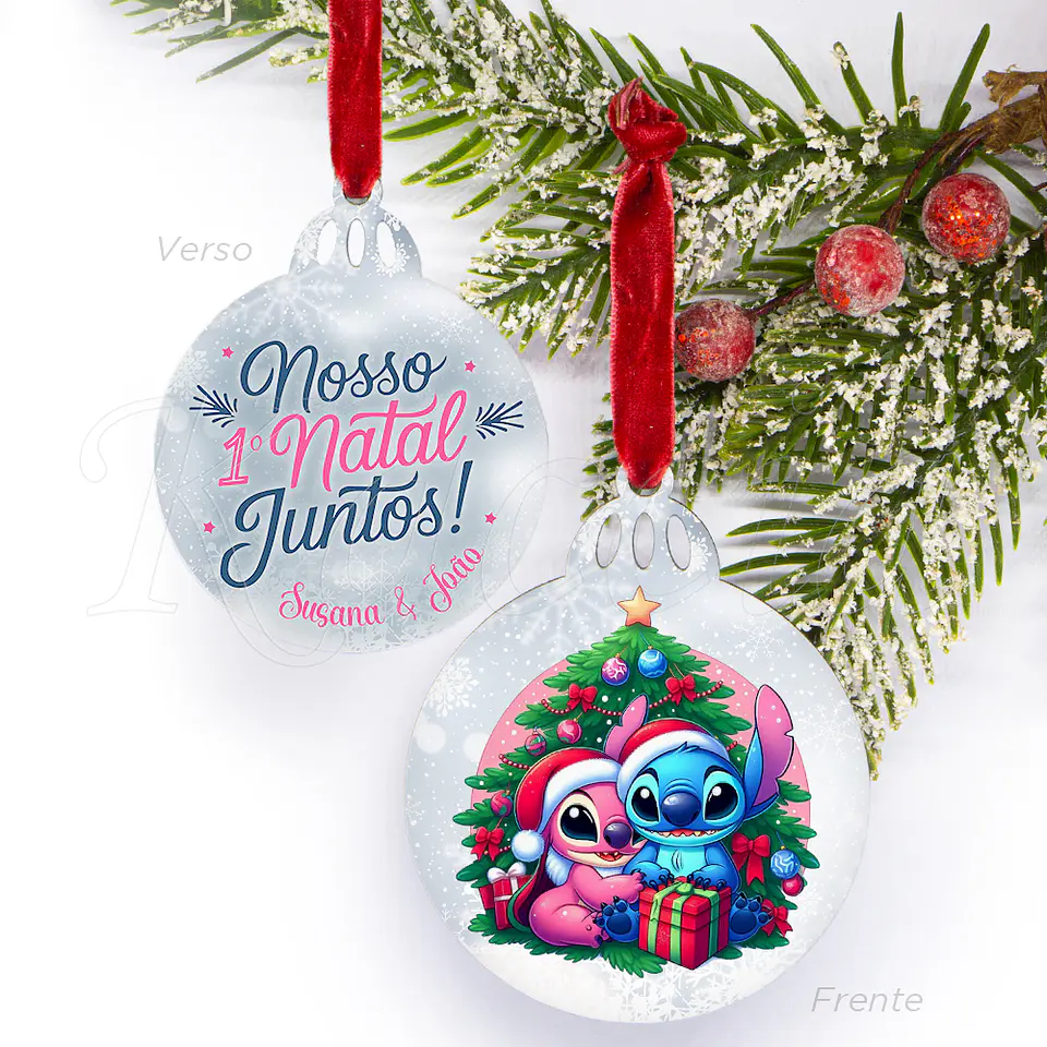 Bola de Natal Personalizável Primeiro Natal Juntos Stitch & Ángel 1