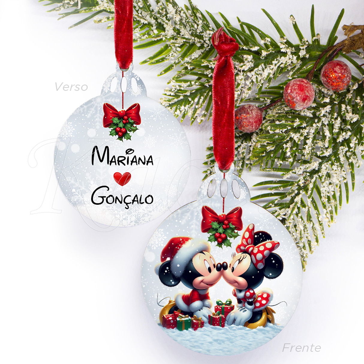Bola de Natal Personalizável Mickey & Minnie com Nomes 1