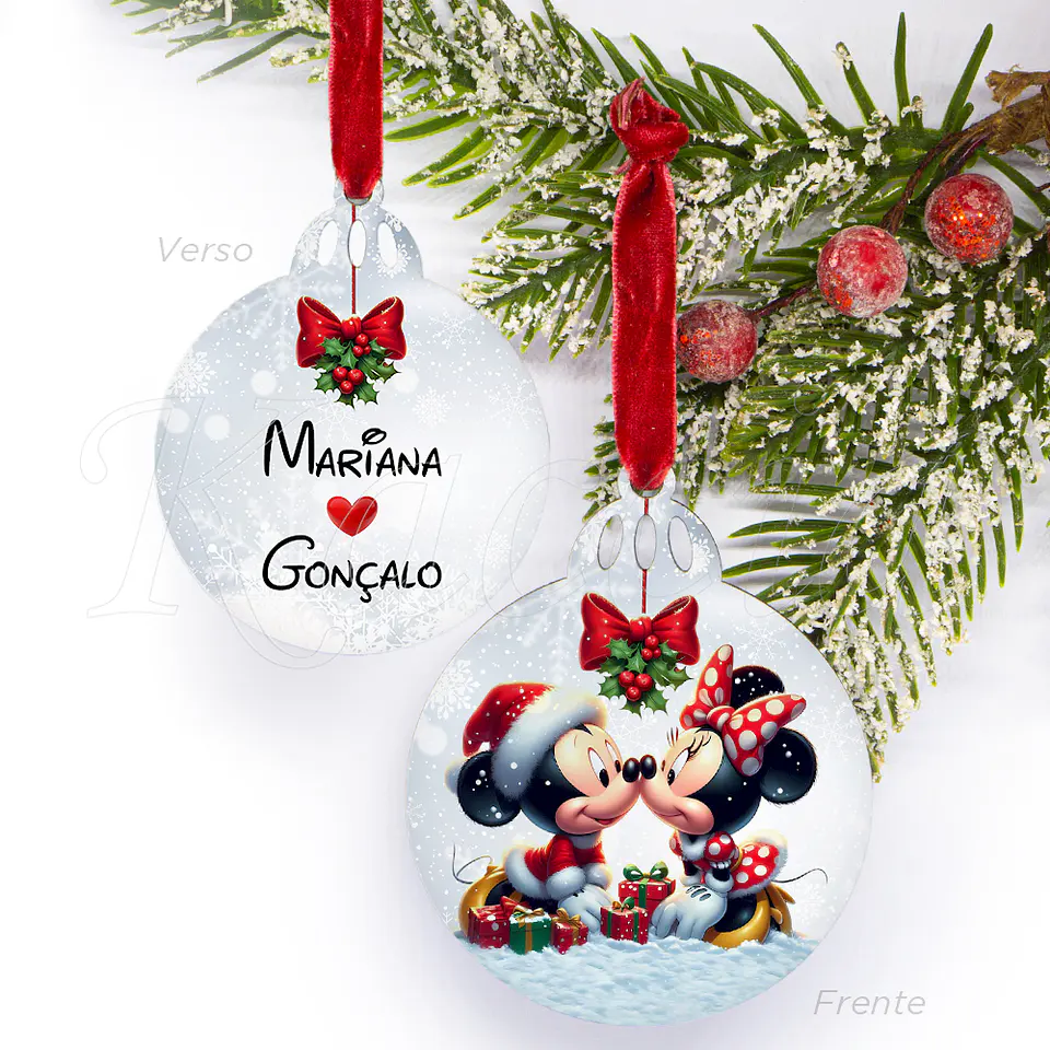 Bola de Natal Personalizável Mickey & Minnie com Nomes 1