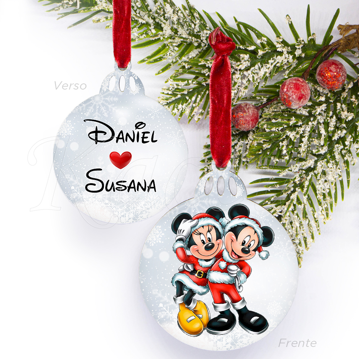 Bola de Natal Personalizável Mickey & Minnie com Nomes 1