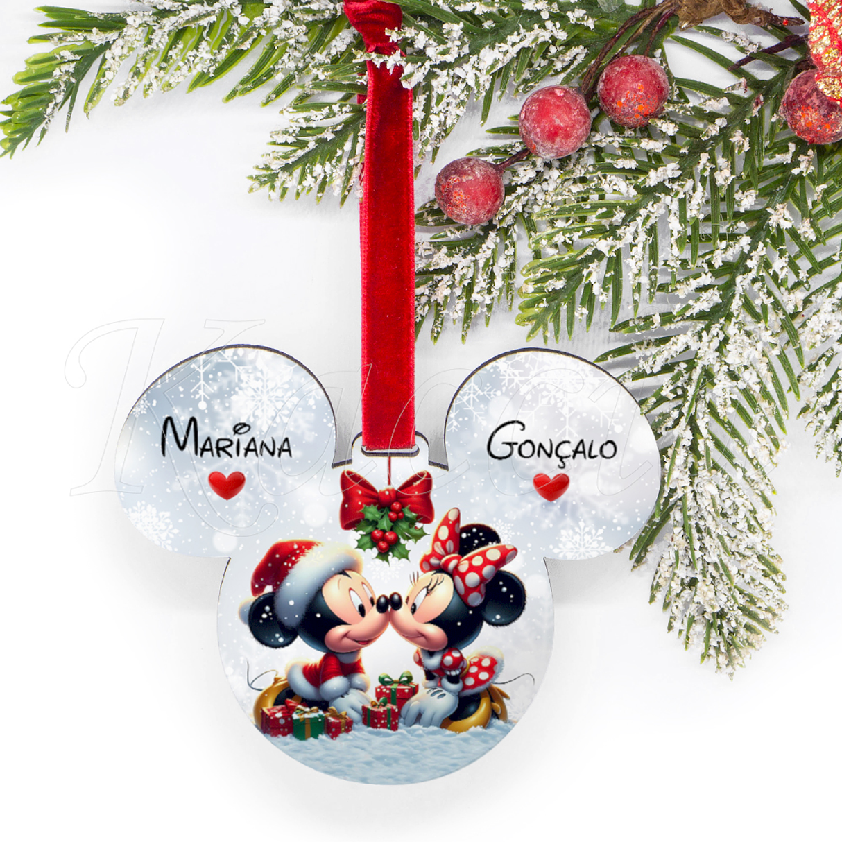 Bola de Natal Personalizável Mickey & Minnie com Nomes 1