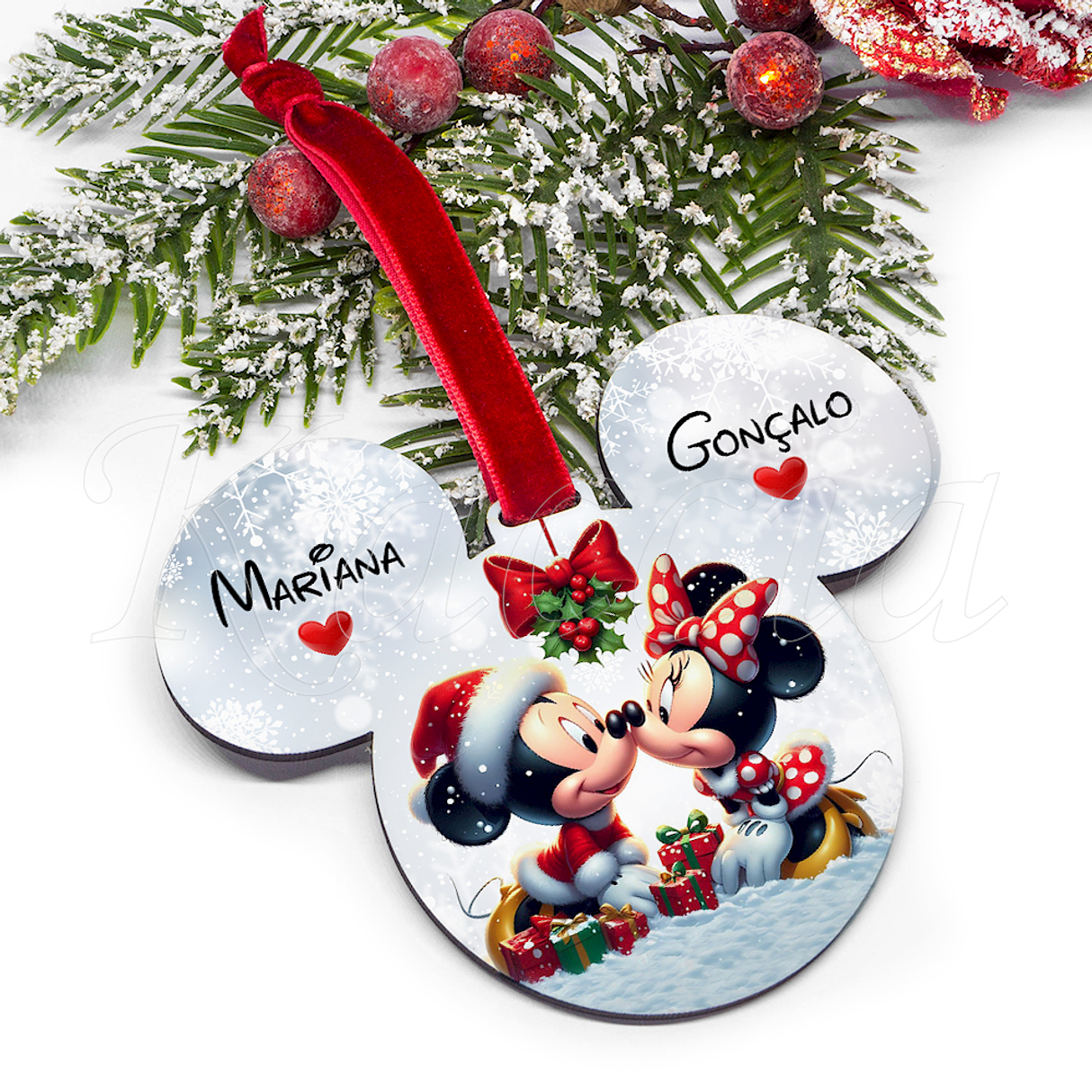 Bola de Natal Personalizável Mickey & Minnie com Nomes 2