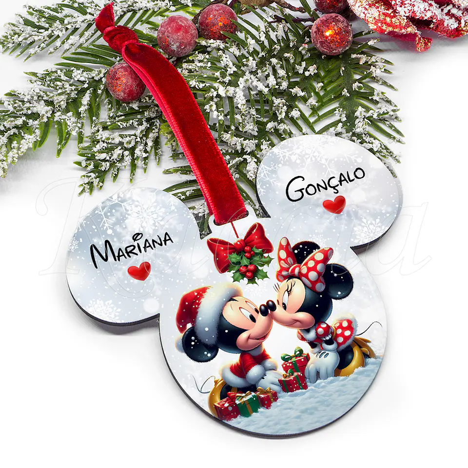 Bola de Natal Personalizável Mickey & Minnie com Nomes 2