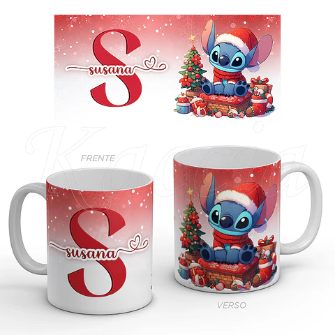 Caneca Personalizada Stitch com Nome Natal Red