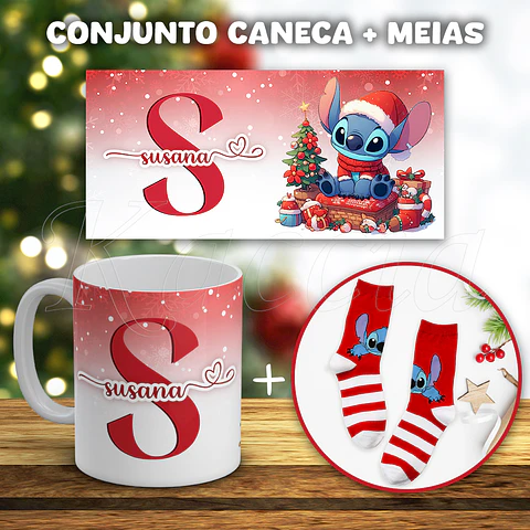 Conjunto Caneca + Meias Stitch Natal Red