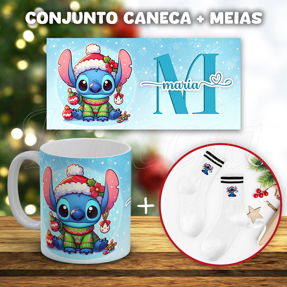 Conjunto Caneca + Meias Stitch Natal Blue 1