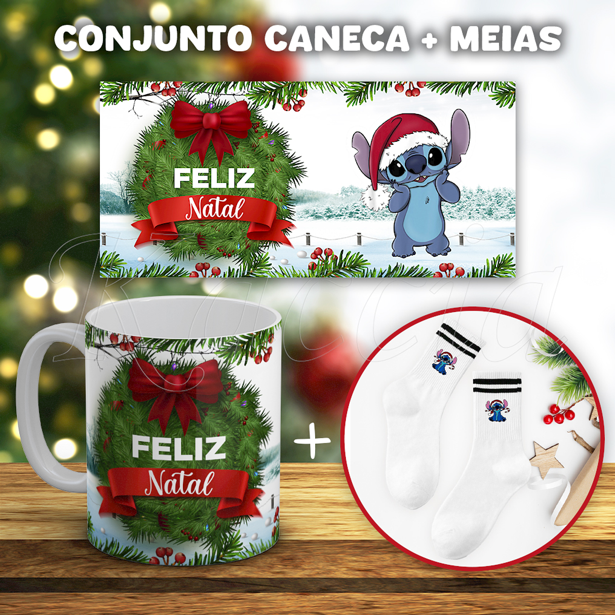 Conjunto Caneca + Meias Stitch Feliz Natal 1