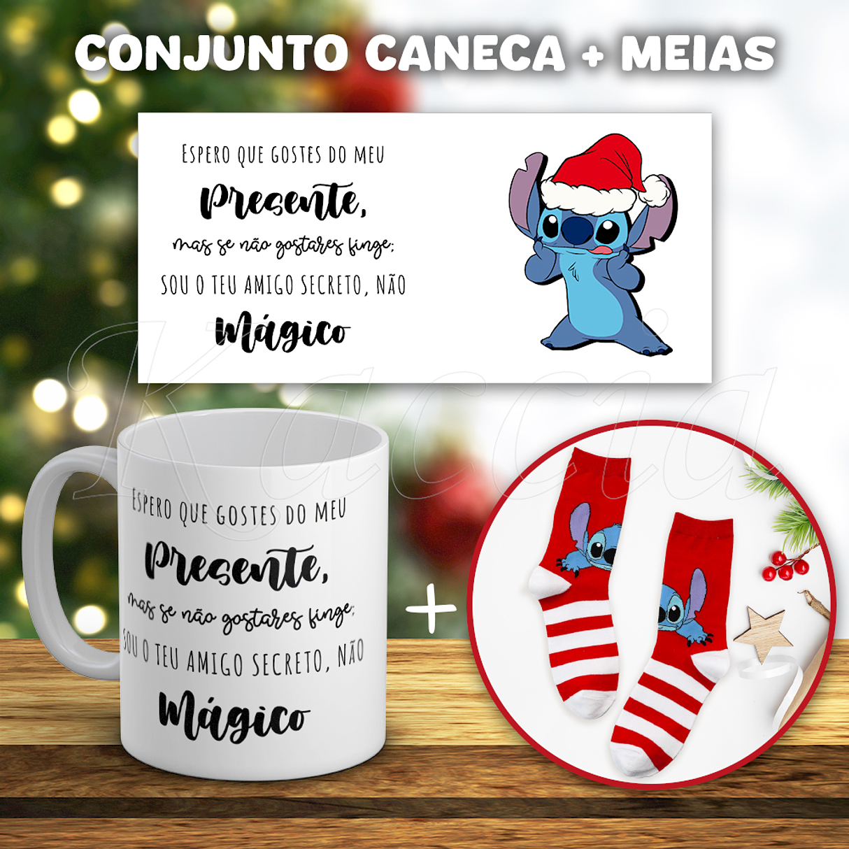 Conjunto Caneca + Meias Stitch Amigo Secreto Natal 1