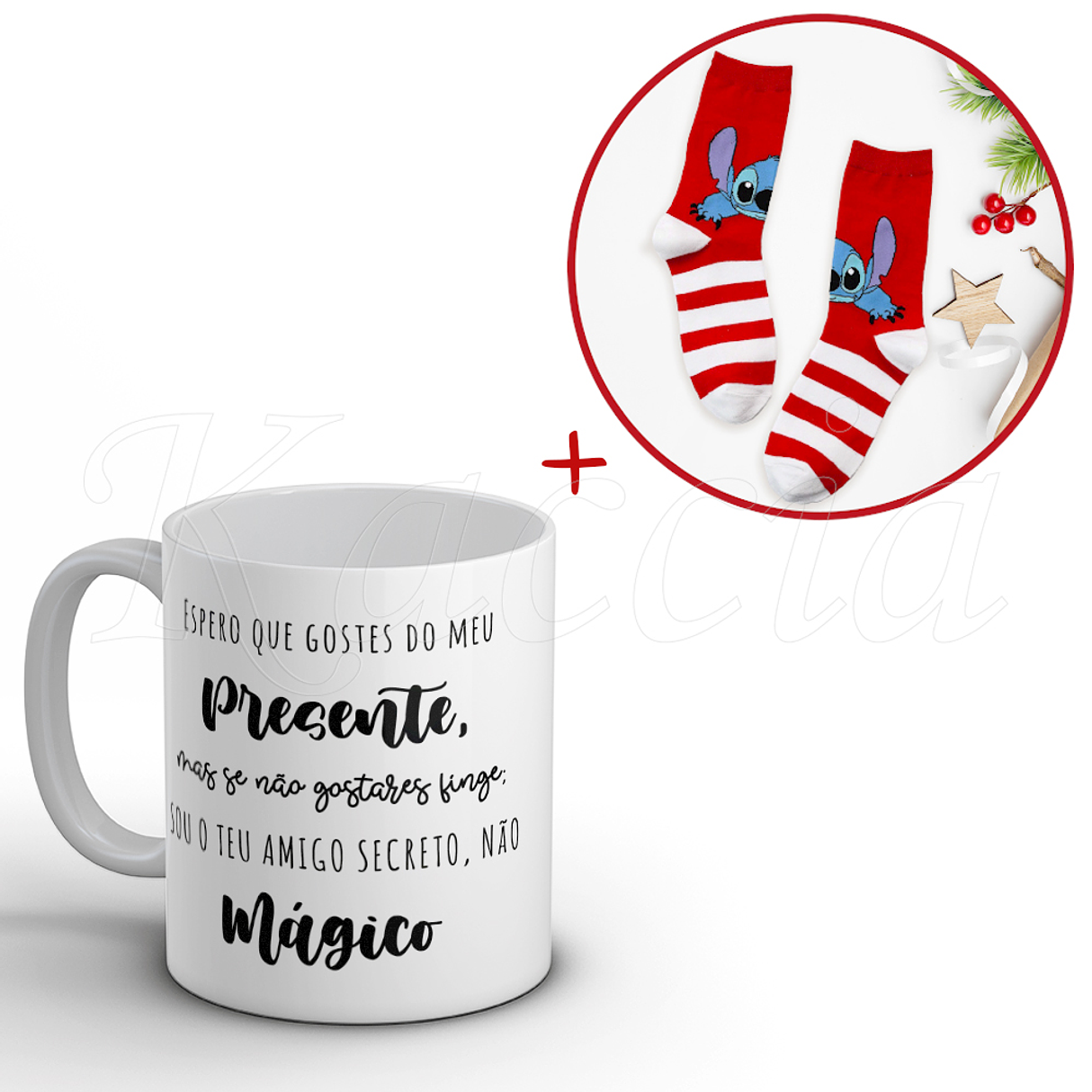 Conjunto Caneca + Meias Stitch Amigo Secreto Natal 2