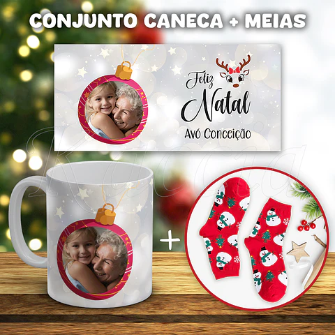 Conjunto Caneca + Meias Bola de Natal com Foto