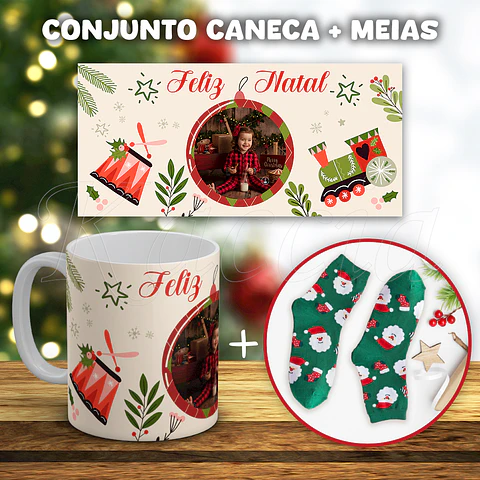 Conjunto Caneca + Meias Feliz Natal com Foto