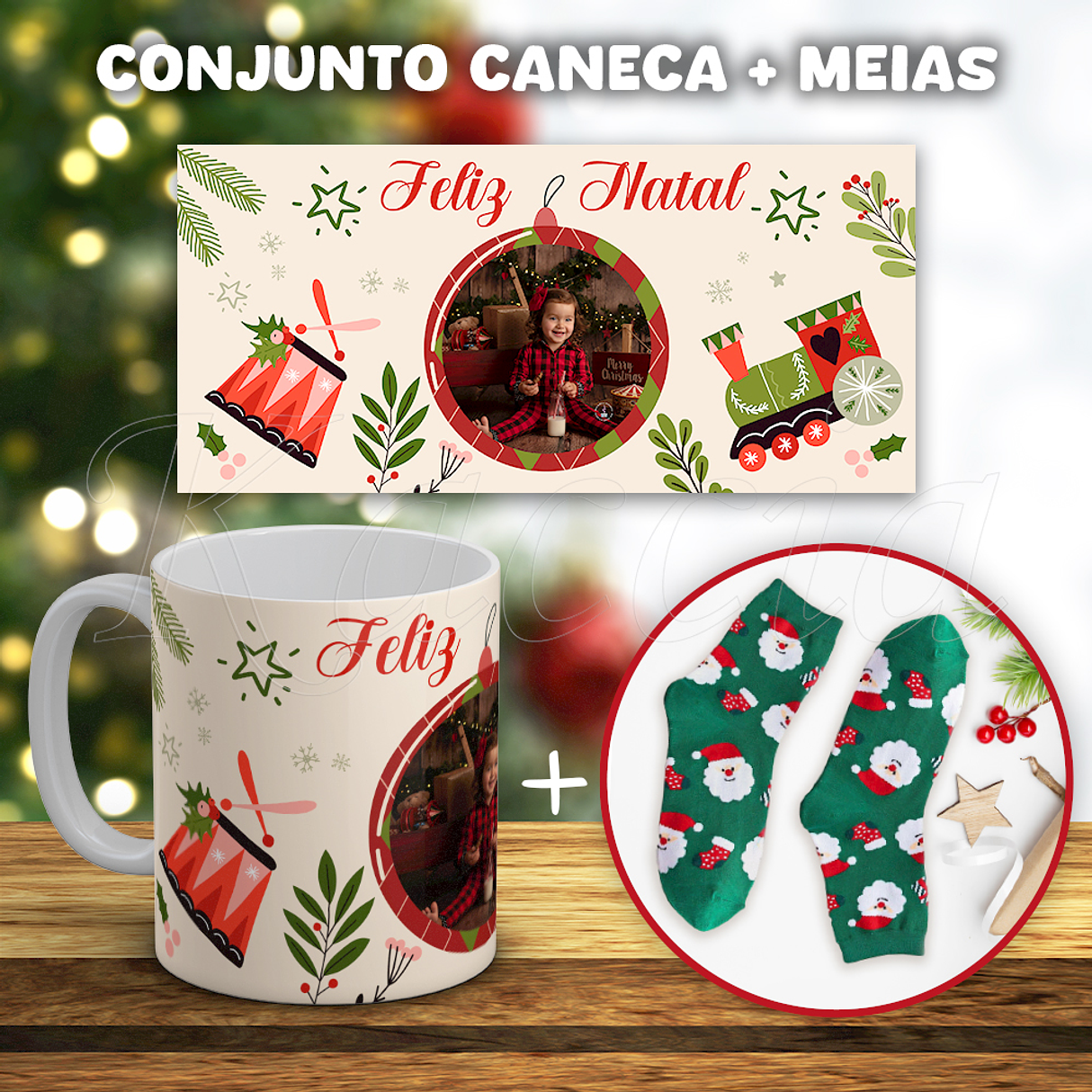 Conjunto Caneca + Meias Feliz Natal com Foto 1