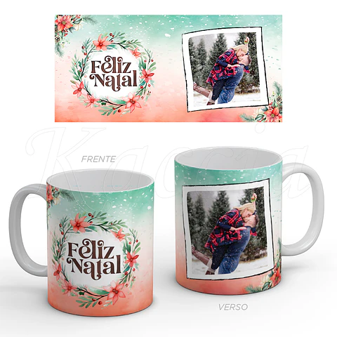 Caneca Personalizada Feliz Natal Flowers com Foto