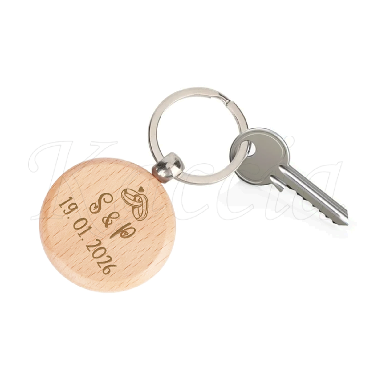Porta-chaves Redondo em Madeira Personalizado Iniciais e Data 2