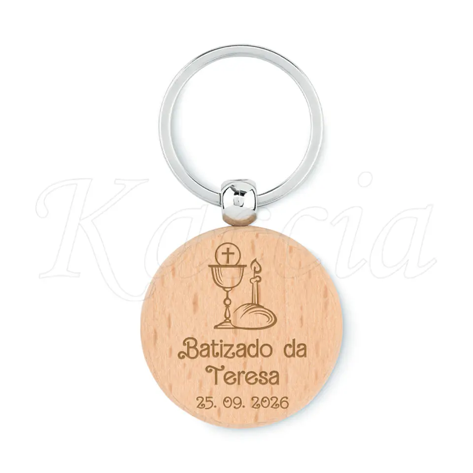 Porta-chaves Redondo em Madeira Personalizado Batizado com Data e Nome 3