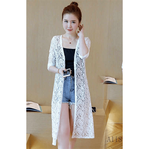 Kimono Tunica Tapado Corto Casual Blanco De Encaje. Tallas Plus Kadrihel Modelo T011