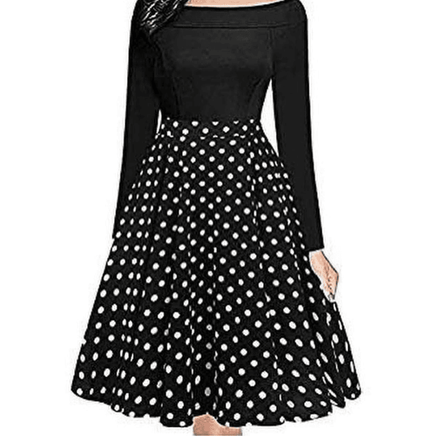 Vestido Corto Casual Acampanado de Lunares, Hombros Descubiertos, Manga Larga Tallas Plus