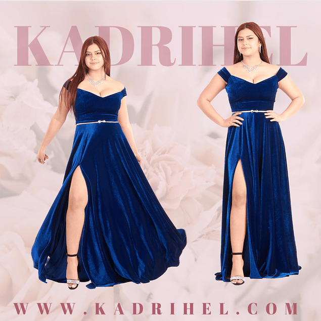 Vestido Largo Azul Rey de Terciopelo con Abertura en Pierna Ideal Gala y Graduación Tallas Plus Kadrihel Modelo Julieta