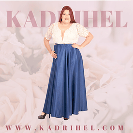 Vestido Largo Blusa de Encaje con Transparencia Falda de Satin, Tallas Plus Kadrihel
