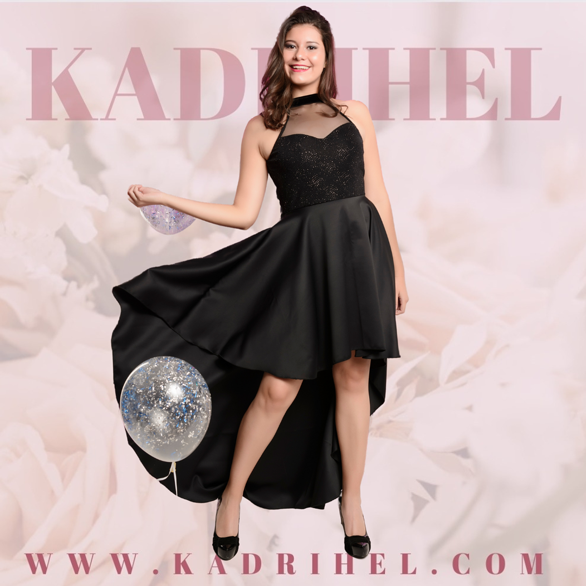 Vestido Asimétrico Negro Cuello Alto De Fiesta Gala Graduación Tallas Plus  Kadrihel - Main Image