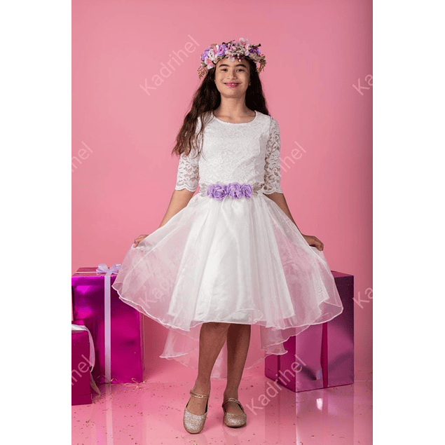 Vestido Asimétrico De Niña De Organza Ideal Para Fiestas Gala Bautizo Primera Comunión Matrimonio.Matrimonios.  Modelo N019 (NO INCLUYE CINTURON)