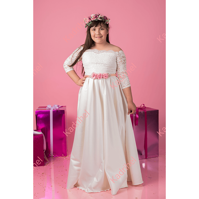 Vestido De Niña Largo Falda De Satín Ideal Para Bautizo Comunión Fiestas Gala Matrimonios. Modelo N024 (NO INCLUYE CINTURON NI CORONA)  