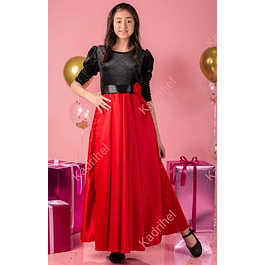 Vestido De Niña Largo Falda En Satín Blusa En Terciopelo Con Brillos Manga Princesa 3/4 Ideal Para Fiestas Gala  Matrimonios. (NO INCLUYE CINTURON) 