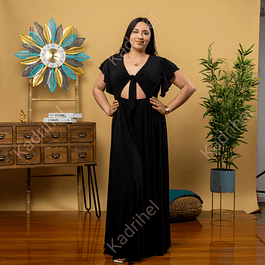 Vestido Largo Blusa Con Nudo En Escote Mangas De Vuelos Ideal Para Fiesta Gala Matrimonio MODELO HERA NEGRO 