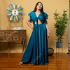 Vestido Largo Blusa Con Lazo En Escote Mangas Con Vuelos Ideal Para Fiesta Gala Matrimonio MODELO HERA AZUL PETOLEO 