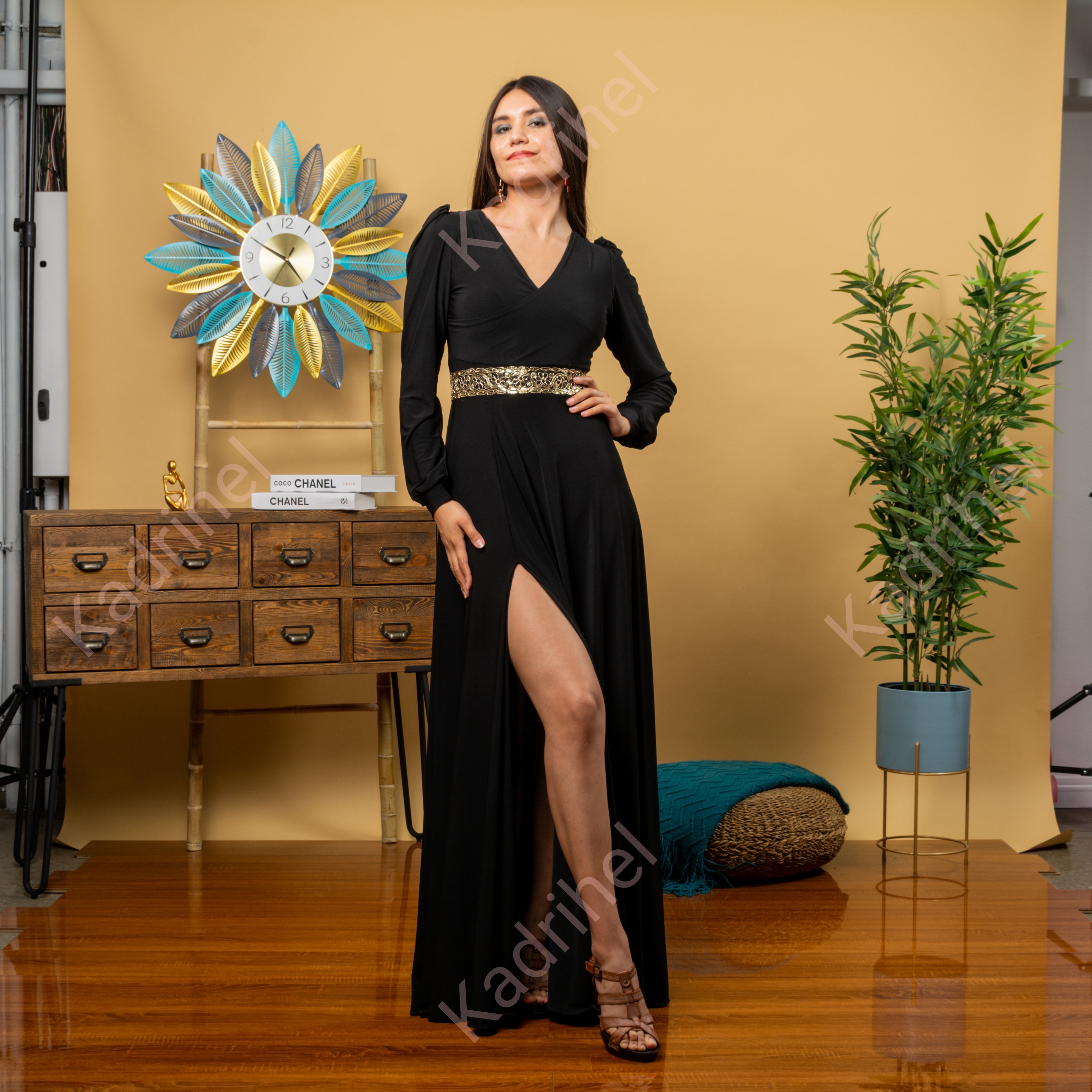 Vestido Largo Con Abertura En Pierna Blusa Cruzada Mangas Largas Ideal Para  Fiesta Gala (NO INCLUYE CINTURON) MODELO VENUS V NEGRO