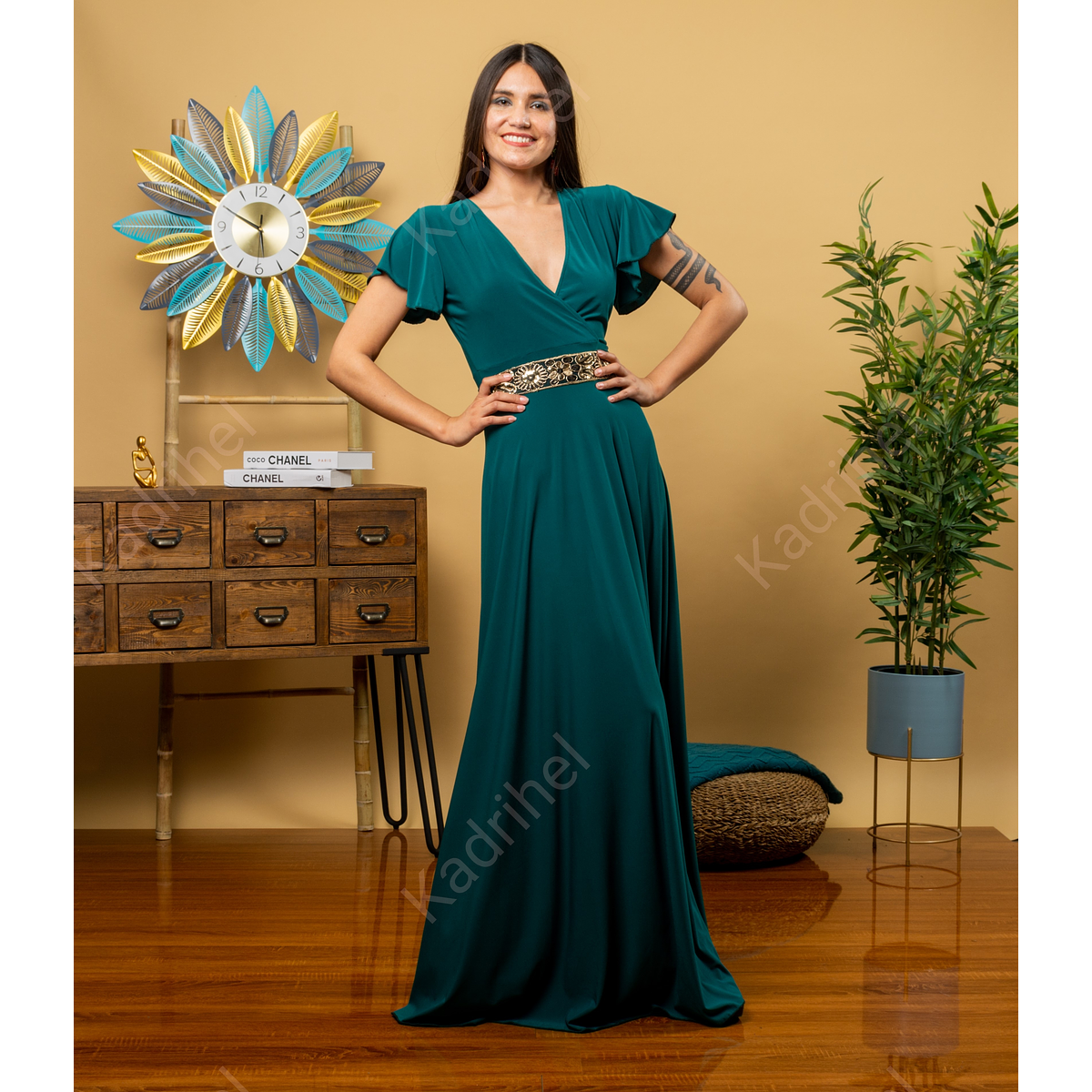 VESTIDO LARGO CRUZADO EN ESCOTE Y MANGAS CON VUELOS IDEAL PA