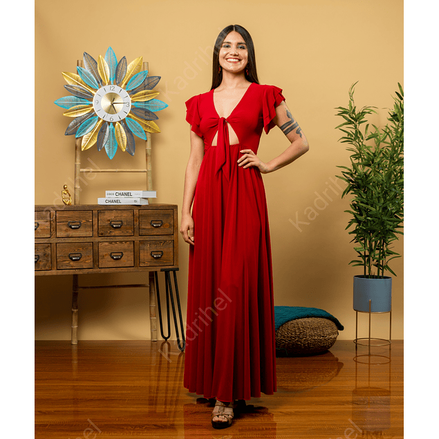 Vestido Largo Blusa Con Nudo En Escote Mangas De Vuelos Ideal Para Fiesta Gala Matrimonio MODELO HERA ROJO 