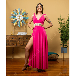 Vestido Largo Blusa Con Escote Pronunciado En v Con Nudo En Hombros Ideal Para Fiesta Gala Matrimonio. (NO INCLUYE CINTURON) MODELO ARTEMIS FUCSIA 