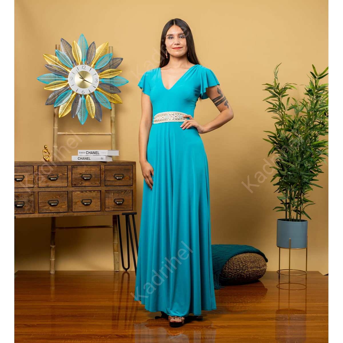 Vestido Largo Blusa Cuello En v Mangas Con Vuelos Ideal Para