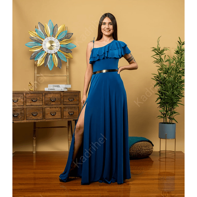 Vestido Largo Con Abertura En Pierna Blusa De Una Manga Con Vuelos Ideal Para Fiesta Gala Matrimonio. (NO INCLUYE CINTURON) MODELO ELEANA DOBLE AZUL PETROLEO 