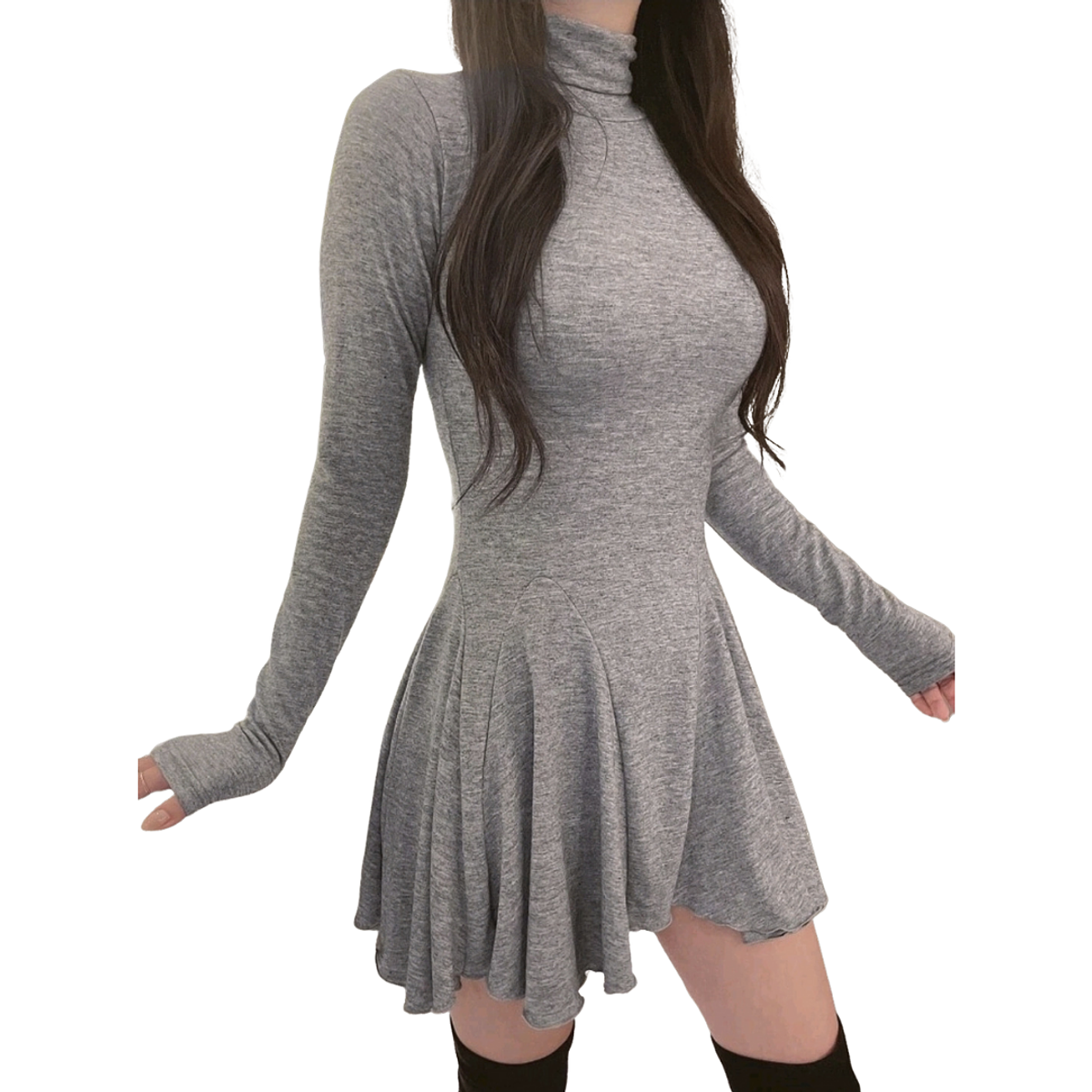 Vestido Corto Casual Cuello Alto Manga Larga Ideal Otoño Inv