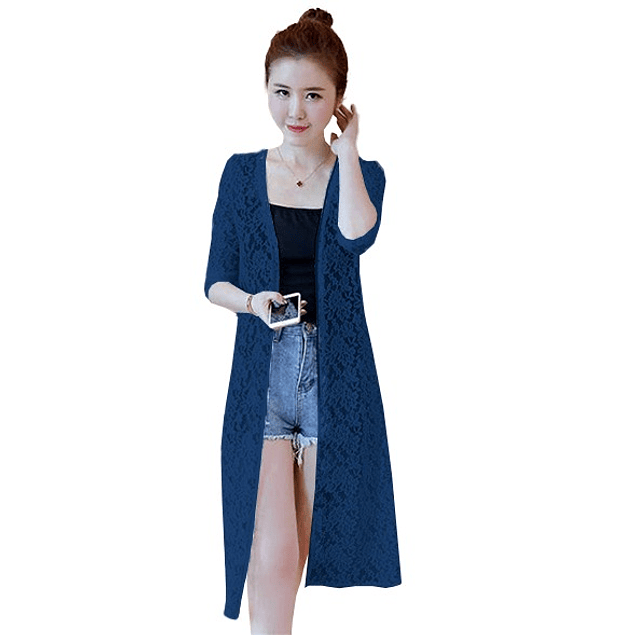 Kimono Tunica Tapado Corto Casual Azul Marino De Encaje. Tallas Plus Kadrihel Modelo T011