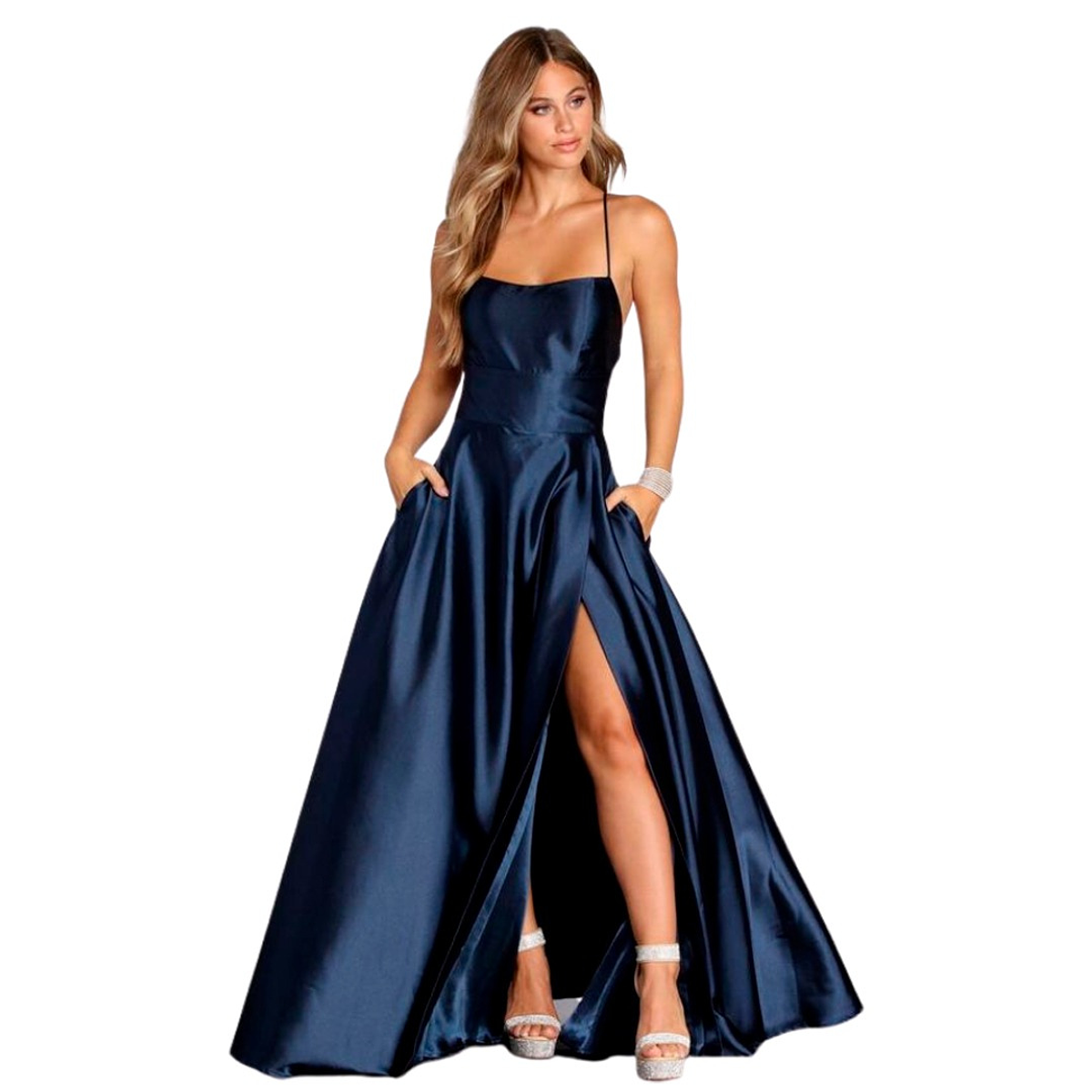 Vestido Largo de Fiesta Elegante con Bolsillos Trenzado en Espalda Tipo  Corsé Tallas pluss Kadrihel (G070)