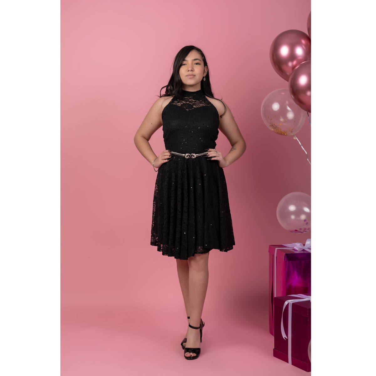 Vestidos Cortos Vestidos Con Cinto En La Cintura Vestido Negro - Main Image