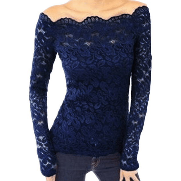 Blusa De Encaje Manga Larga Azul Marino Ideal Para Fiesta Coctel. Tallas Pluss Kadrihel Modelo T025