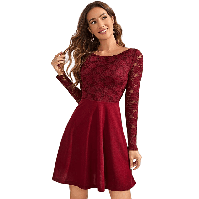 Vestido Corto Acampanado Casual falda Lisa Blusa de Encaje Manga Larga Tallas Plus Kadrihel