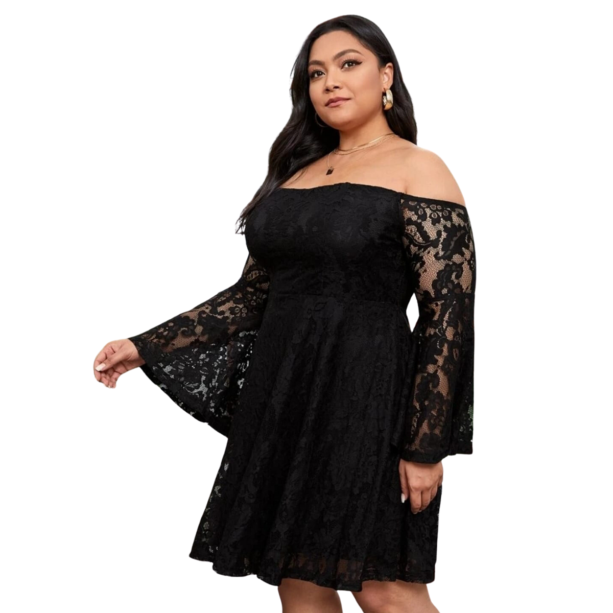 Vestido Corto todo De Encaje, Semi Acampanado, Hombros descubiertos, Mangas  Largas Campana, Negro, Tallas Plus