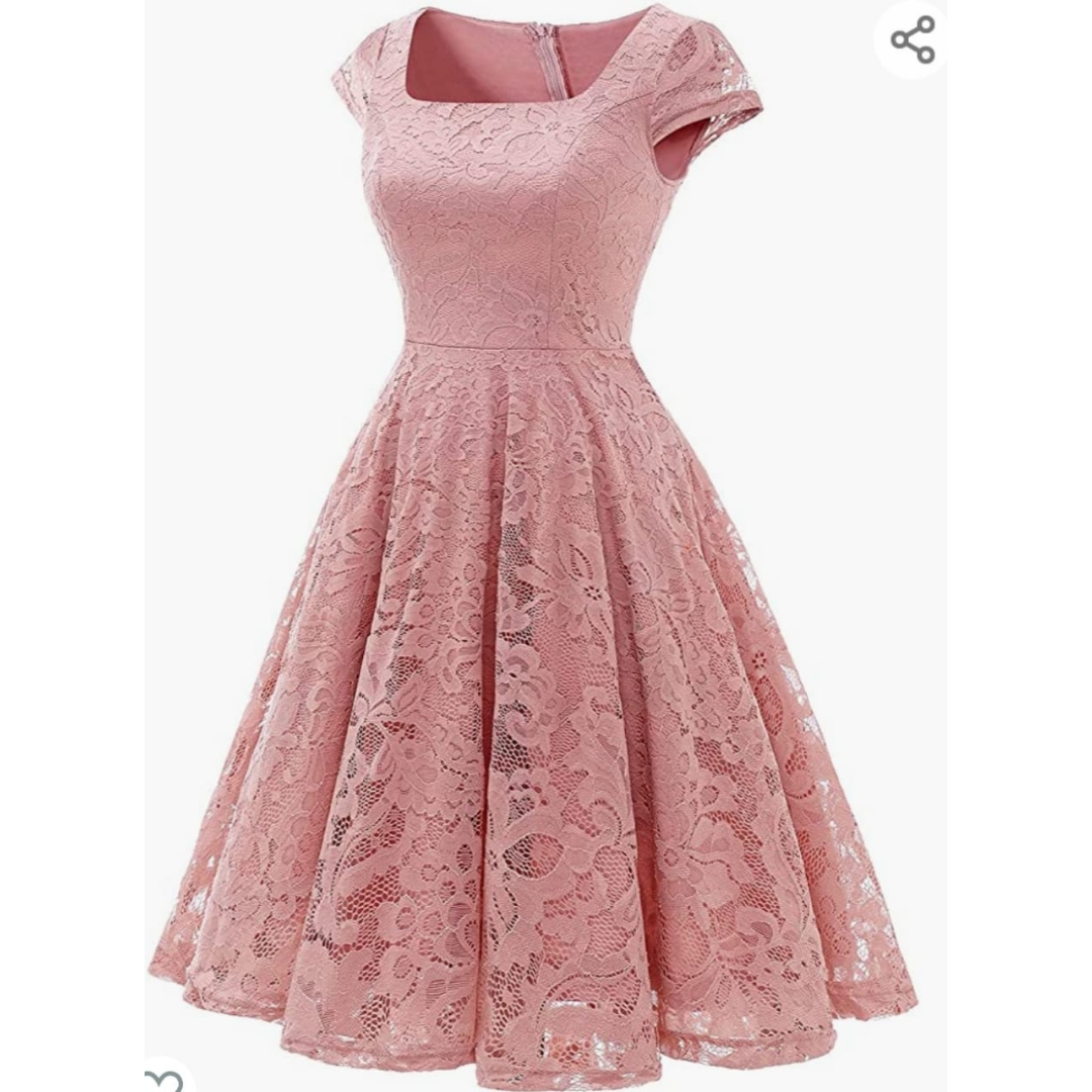 Vestido Corto de Encaje, Acampanado, Mangas Cortas,