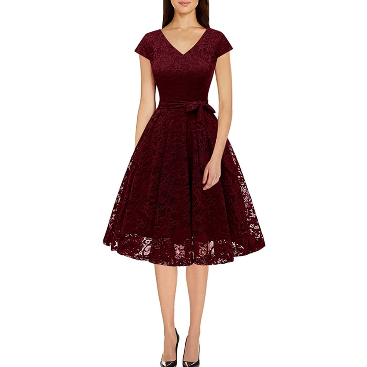 Vestido Corto de Encaje, Acampanado, Mangas Cortas, casual, burdeo,  semiformal Tallas Plus Kadrihel