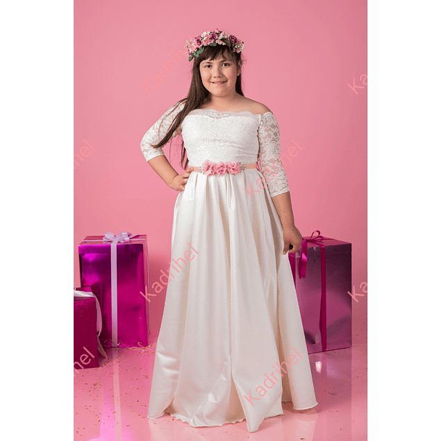 Vestido De Niña Largo Falda De Satín Ideal Para Bautizo Comunión Fiestas Gala Matrimonios. Modelo N024 (NO INCLUYE CINTURON NI CORONA)  